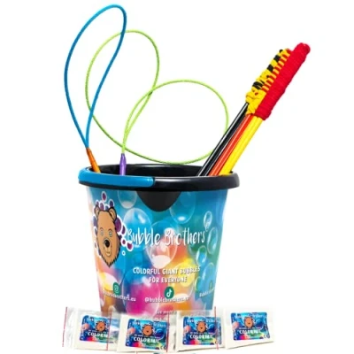 Image of Bubble Brothers Giant Kit for Kids Wands and Solution complete Set with Mixture Big Bubbles Large Wand Bucket Garden Toys (11 piece set)