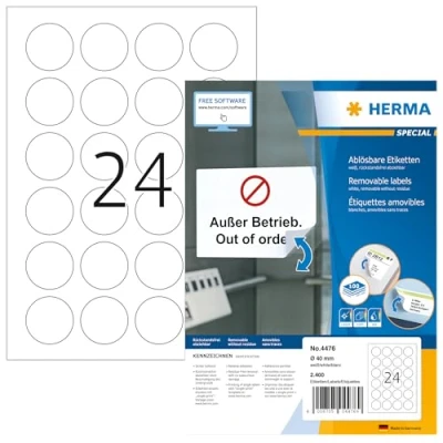 Image of HERMA Self Adhesive Removable Round Labels, 24 Labels per A4 Sheet, 100 Sheets, Ø 40 mm, 2400 Blank Multipurpose Stickers, Sticky Dots for Laser &amp; Inkjet Printer, White