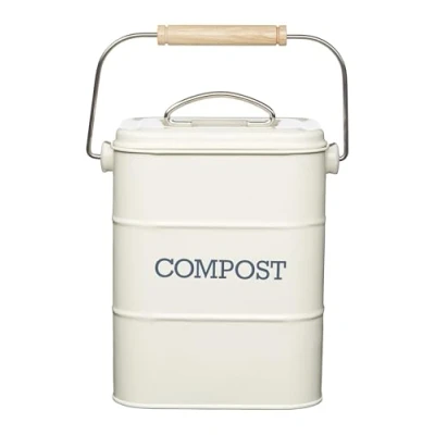 Image of KitchenCraft Living Nostalgia Kitchen Compost Bin, Metal, 16.5 x 12 24 cm, Antique Cream