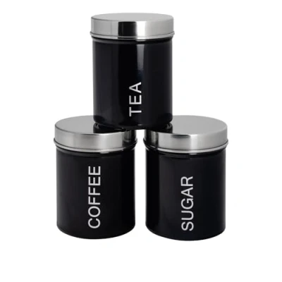 Image of Harbour Housewares Round Metal Tea Coffee Sugar Canisters Black 3pc Set Retro Kitchen Storage Loose Beans Granulated Airtight Container Food Preserve Caddy with Lid