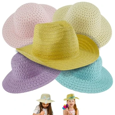 Image of 5Pcs Easter Bonnet Hats, Hat Summer Beach Hats for Arts &amp; Crafts, One Size Kids, Boys, Girls, Adults, Tea Party Travel Gift Assorted Colours Straw
