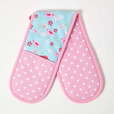 Image of HOMESCAPES Pure Cotton Double Oven Glove Birds and Flowers Pink Blue 18 x 84 cm Fully Coordinated Washable Kitchen Linen