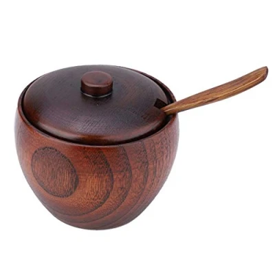 Image of Tbest 1Pc Solid Wood Spice Jar Seasoning Pot Sugar Bowl with Spoon and Lid for Kitchen Tool Lid, Glass Bowls Spoon, Wooden Small Li