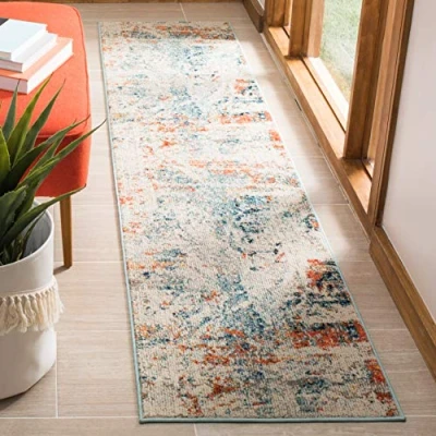 Image of SAFAVIEH Modern Chic Rug for Living Room, Dining Bedroom Madison Collection, Short Pile, in Cream and Orange, 61 X 244 cm