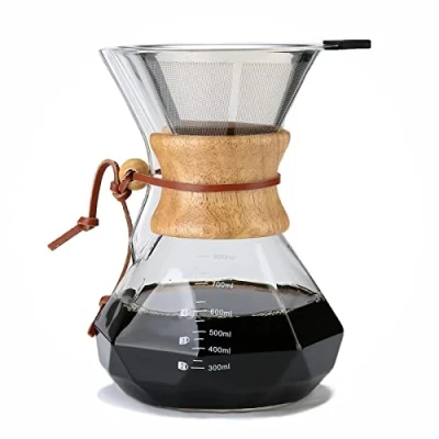 Image of Lalord Pour Over Coffee Maker, 800 ml Borosilicate Glass Carafe, Double layer Stainless Steel Filter and Modern Wooden Collar, Dripper Brewer, Hold 4 to 6 Cups