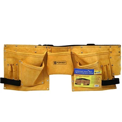 Image of Marksman 8 x Pockets Professional Premium Tool Belt Large Double TAN Leather Adjustable Pouch Builders Construction Split Suede Apron Work Bag Holder Nails UK Free P&amp;P