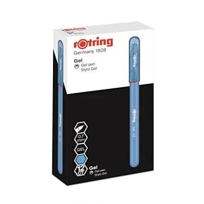 Image of rOtring Gel Rollerball Pens Medium Point 0.7mm Box of 12 Smooth Quick Drying Ink Rubber Grip (Light Blue)