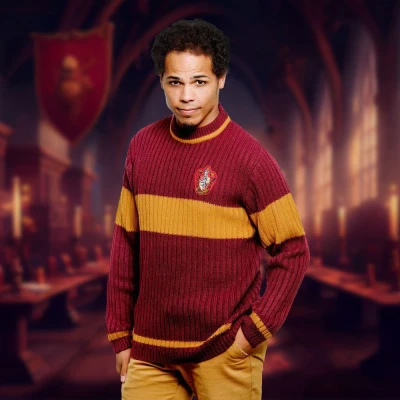 Image of Harry Potter Gryffindor Quidditch Jumper: Hogwarts House Uniform Replica Rib Stitch Knitted Crew Neck Jumper for Men and Women (XS) Red, Gold