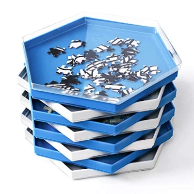 Image of Becko Stackable Puzzle Sorting Trays Jigsaw Sorters with Lid Accessory for Puzzles Up to 1500 Pieces, 8 Hexagonal (Blue&amp;White)