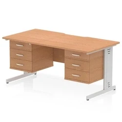 Image of Impulse 1600 x 800mm Scalloped Edge Straight Office Desk Oak Top Silver Cable Managed Leg Workstation 2 3 Drawer Fixed Pedestal