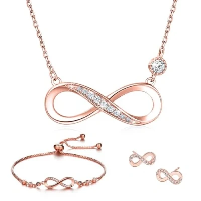 Image of Jewellery Sets 925 Sterling Silver Necklace Bracelet and Earrings Studs for Women Elegant Infinity Symbol Pendant Earrins Adjustable Set Fashion with Cubic Zirconia