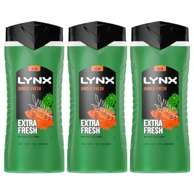 Image of Lynx 3 in 1 Shower Gel Jungle Fresh 12 Hours of Long Lasting Refreshing Fragrance Body Wash with Plant Based Moisturisers for Men Naturally Soft Skin, 500ml Pack