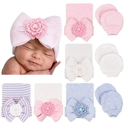 Image of DRESHOW Newborn Baby Hat and Mittens, 5 Hats 3 Pairs Mittens for Babies, Boys, Girls,Ages 0 Months