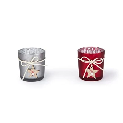 Image of Excelsa Set of 6 Gnomo Tea Light Holder, cm. 7 x 8, Glass and Wood