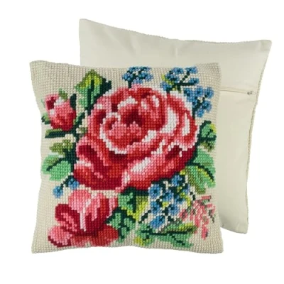 Image of Trimits Cross Stitch Cushion Kit, Back Included, Pre Printed Canvas, Yarn and Needle Included 40 x 40cm (15.75 15.75in), Floral Bloom