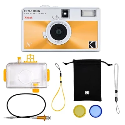 Image of KODAK EKTAR H35N Half Frame Film Camera, 35mm, Reusable, Focus Free, Bulb Function, Built in Star Filter, Coated Improved Lens (Film &amp; AAA Battery are not Included) (Glazed Orange, Premium Kit)