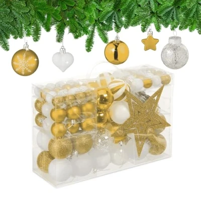 Image of Relaxdays Christmas Baubles Set of 101, Glittering, Tree Decorations, Spheres &amp; Spikes, Plastic, Traditional, Gold, 19 x 20 2.5 cm