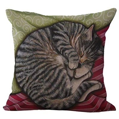 Image of Popoye Linen Blend Sleepy Cats Pattern Cushion Cover Cotton Pillowslip Square Decorative Throw Pillow Case 18 X 18&#039;&#039;