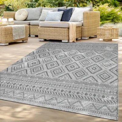 Image of TT Home Large Outdoor Rug Patio Carpet Kitchen For Garden Modern Rhombus Bohemian Square, colour: Dark Grey, Size:200x280 cm