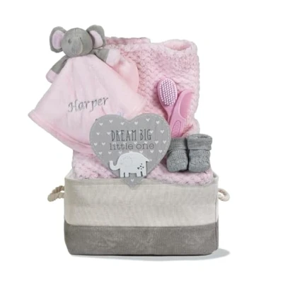 Image of Hoolaroo Personalised Baby Gift Basket for Girls Pink Hamper Newborn Embroidered Elephant Comforter Blanket Shower Special Unique New Present Girl