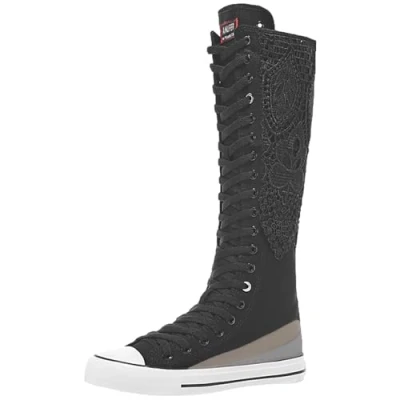 Image of ANUFER Girl&#039;s Women&#039;s Knee High Canvas Boots Lace up Zip Flat Sports Shoes F888 Black UK6.5