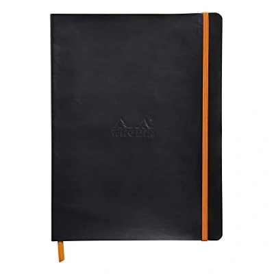 Image of RHODIA 117552C Black Soft Notebook 19x25 cm Dot 160 pages Ivory Clairefontaine Paper 90 g/m Bookmark, Elastic Closure Faux Leather Cover Rhodiarama Collection