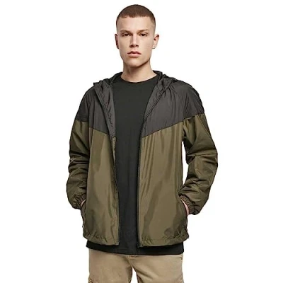 Image of Build Your Brand Men&#039;s 2 Tone Tech Windrunner Windbreaker, Dark Olive/Black, S