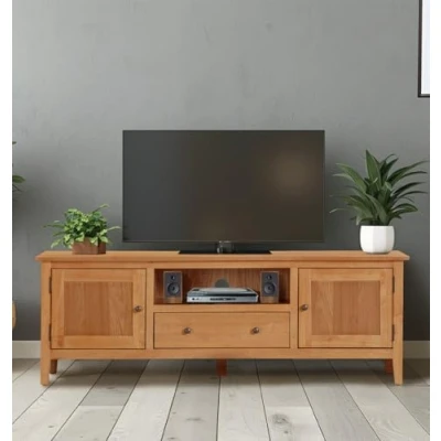 Image of Hallowood Furniture Aston Long TV Unit with 2 Drawers, Cupboard and Shelf, Stand Cabinet Storage Cable Management, Large Wooden Stand, Media for Living Room &amp; Bedroom