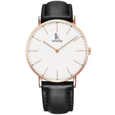 Image of Alienwork IK Watch Men Women Rose Gold Leather Strap Black Ultra Thin