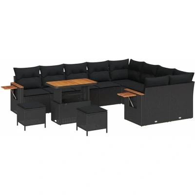 Image of vidaXL 12 Piece Garden Sofa Set with Cushions Black Poly Rattan Acacia