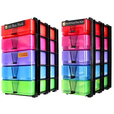 Image of WestonBoxes 2 Stak Storage Pack, Includes A5 Paper Boxes, Pen &amp; Pencil Frames and Box Handles, Fits IKEA KALLAX (Multicolour)