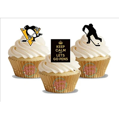 Image of 12 x Ice Hockey Pittsburgh Penguins Trio Mix Fun Novelty Birthday Premium Stand UP Edible Wafer Card Cake Toppers Decorations