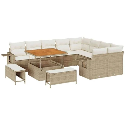 Image of vidaXL 12 Piece Garden Sofa Set with Cushions Beige Poly Rattan Acacia