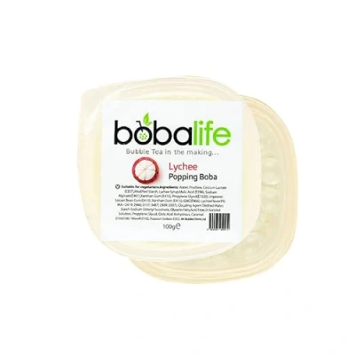 Image of Bobalife Lychee Flavoured Popping Boba 2 Servings (100g), Fruit Juice Filled Pearls for Bubble Tea, Iced Drinks, Desserts, Cocktails &amp; Slush Low Fat, Gluten Free Vegan