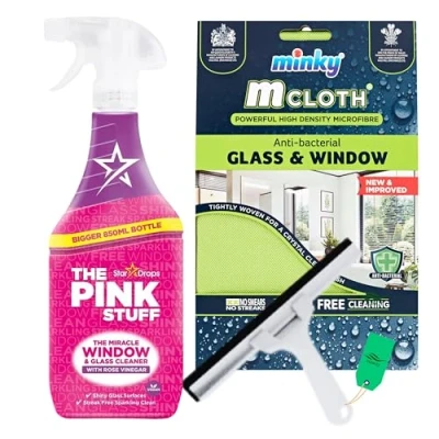 Image of Window and Glass Cleaner Spray Bundle with Ferwizz Squeegee Minky Cloth Pink Stuff Shower 850ml