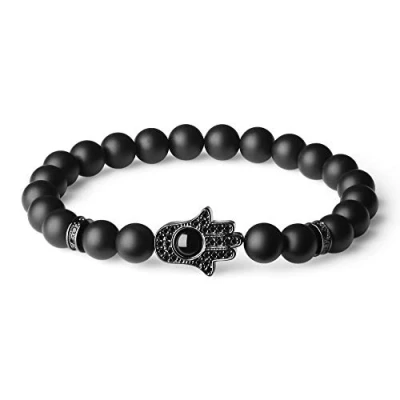 Image of COAI Healing Crystal Bracelet Hamsa Hand Matte Onyx Black Stone