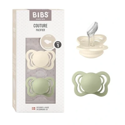 Image of BIBS Couture Soother 2 Pack, BPA Free Dummy Pacifier, Anatomical Nipple. Silicone, Size 1 (0 6 Months), Ivory/Sage
