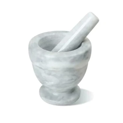 Image of Marco Paul White Grey Marble Mortar &amp; Pestle Set Small Bowl Solid Stone for Spice Herb Garlic Pesto Ginger Root Grinder Crusher Grinding Heavy Duty Kitchen Home Cooking Food Preparation