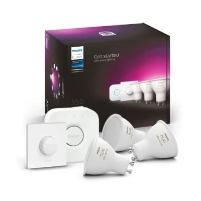 Image of Philips Hue White &amp; Colour Ambiance Starter Kit: Smart Bulb 3X Pack LED [GU10] incl. Bridge and Button 350 Lumen