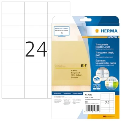Image of HERMA Self Adhesive Clear Film Labels, 24 Labels per A4 Sheet, 25 Sheets, 70 x 37 mm, 600 Blank Weatherproof Stickers, Sticky for Laser &amp; Inkjet Printer, Transparent