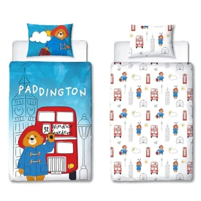 Image of Character World Official Paddington Bear™ Single Duvet Cover Set 2 Sided Reversible Station Design Matching Pillowcase Bed White and Blue, Polycotton