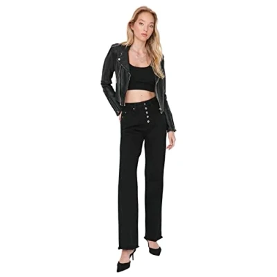 Image of Trendyol Women Basics High Waist Straight Leg 90&#039;s Wide Jeans Black