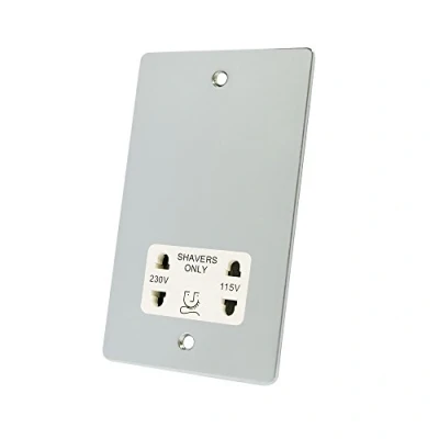 Image of Alliance Electrical FPCSHAWH Polished Chrome Flat White Insert 2 Gang Dual Voltage 115V/230V Shaver Socket, 240 V