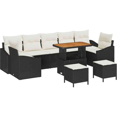 Image of vidaXL 10 Piece Garden Sofa Set with Cushions Black Poly Rattan Acacia