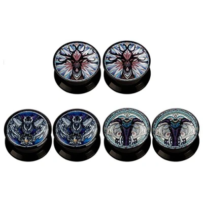 Image of KUBOOZ(3 Pairs Animal Art Acrylic Ear Plugs Tunnels Gauges Stretcher Piercings