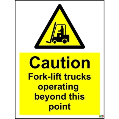 Image of Warning Caution fork lift trucks operating beyond this point safety sign Self adhesive sticker 300mm x 200mm