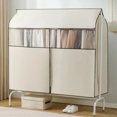 Image of WABMJGW Dustproof Clothes Rail Cover Storage Bag,Hanging Coat Covers Breathable Garment Bags for Rack and Wardrobe,with Zip,Beige 150x50x120cm