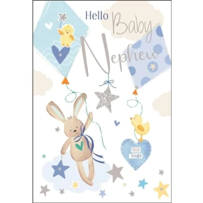 Image of New Baby Nephew Congratulations Card Bunny Rabbit and Ducklings Special Finishes Illustrated Insert Leaf Made in the UK