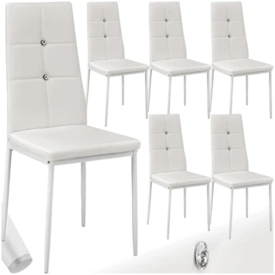 Image of TecTake® Set of 6 Dining Chairs with Faux Leather Covers &amp; Rhinestones, Chair High Backrests, Slim Steel Legs Soft Padding, Ideal as Kitchen Room White