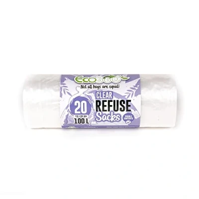 Image of EcoBag 20 Pack Refuse Sacks 100L 22 Microns Heavy Duty, Leak Resistant Recyclable Bin Bags, Eco Friendly, Durable Waste Disposal Bags for Household &amp; Commercial Use (736 x 965mm)